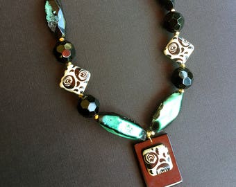 Handmade Onyx, Necklace, Fire Agate with Quartz, Goddess, Boho, Green, Bold, Statement, Sexy, Unique, Gypsy  (Jade Midnight Mix Necklace)