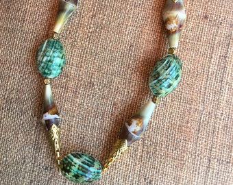 Handmade Shell Necklace, Goddess, Tribal, Turbo shell, Bamboo, Jungle, Safari, Beach, Summer, Sexy, Gold, Boho, Gypsy (Aqua Jungle Necklace)