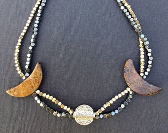 Handmade BOHO Choker Wood Silver Ethnic Coachella Summer Necklace Goddess Hippie Moon Sexy Unique Gypsy Fantasy (3 Moon Night Necklace)