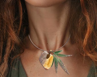 Handmade Natural Stone Pendant, Painted River Rocks, Leaf Necklace, Unique Stone Jewelry, Magical Jewelry, Boho Necklace, Healing Pendant