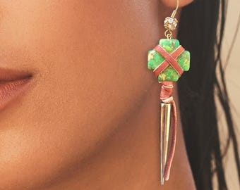 Cyber Tribal Earrings, Natural Stone Cross Earrings, Leather Wrapped Earrings, Modern Native Earrings, Sexy Spike Dangle Earrings, Sexy