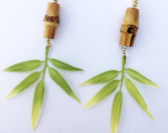 Handmade Bamboo Leaf Earrings, Tropical Goddess Earrings, Real Natural Bamboo Earrings, Sexy Palm Leaf Dangle Earrings, Jungle Princess