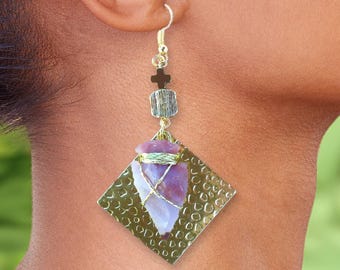 Unique Arrowhead Earrings, Handmade Wrapped Arrowhead Earrings, Southwestern Earrings, Native American Earrings, Brass Stamping Earrings