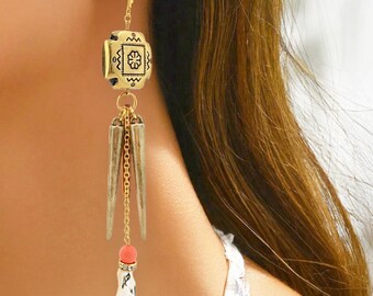 Handmade Boho Safari Earrings, Unusual Spike Dangle Earrings, Brass Coral Shell Statement Earrings, Unique Tribal Earrings, Western Earrings