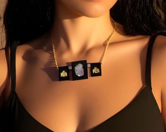 Amethyst Cluster Pendant, Unique Egyptian Pendant, Egyptian Goddess Necklace, Black Onyx Pendant, Sun God Jewelry, One of a Kind Jewelry