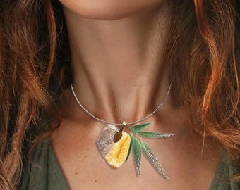 Handmade Natural Stone Pendant, Painted River Rocks, Leaf Necklace, Unique Stone Jewelry, Magical Jewelry, Boho Necklace, Healing Pendant