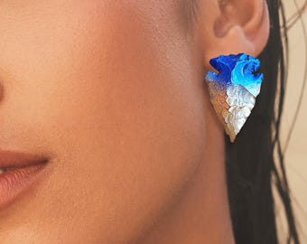 Blue & Gold Hand Painted Arrowhead Earrings, Native American Flint Arrow Earrings, Indian Spear Earrings, Native Warrior Earrings, SEXY Gift