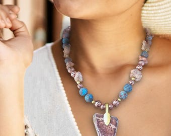 Raw Stone Slab Pendant Necklace, Blue Terra Cotta Jasper & Druzy Nuggets, Rose Gold Lava Rock Collar Southwestern Boho Jewelry, Gift For Her