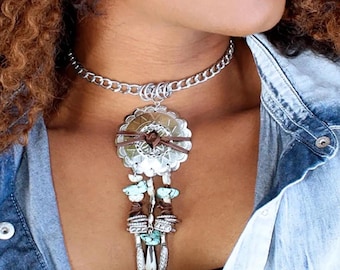 Silver Concho Pendant Necklace, Turquoise Chip & Leather Cord Dreamcatcher Drop Choker, Southwestern Cowgirl Statement Jewelry, Gift For Her