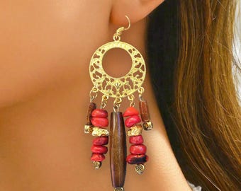 Unique Beaded Tribal Earrings, Red Brown Coral Earrings, Brown Bone Bead Earrings, Red & Gold Dangle Earrings, Handmade Tropical Earrings