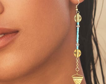 Handmade Turquoise Stone & Raw Brass Triangle Earrings, Long Arrow Earrings, Unique Aqua Beaded Gold Earrings, Chic Boho Dangle Earrings