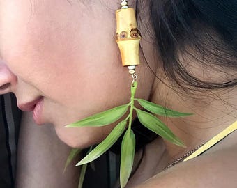 Handmade Bamboo Leaf Earrings, Tropical Goddess Earrings, Real Natural Bamboo Earrings, Sexy Palm Leaf Dangle Earrings, Jungle Princess