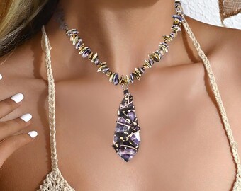 Healing Stone Necklace, Wire Wrapped Crystal Pendant, Leather Wrapped Pendant, Hematite Beaded Necklace, Natural Grounding Pendant, Gift