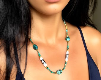 Abalone Shell Necklace, Handmade Tribal Choker, Batik Beaded Necklace, African Choker, Bone Beaded Necklace, Jungle Goddess Necklace, Gift