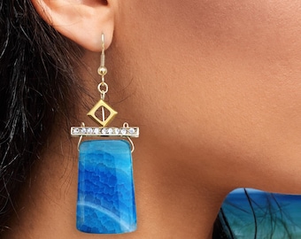 Stunning Agate Earrings, Dyed Blue Agate Slab Earrings, Ocean Wave Earrings, Exotic Sea Jewelry, Unique Agate Tropical Earrings, Beach Gift