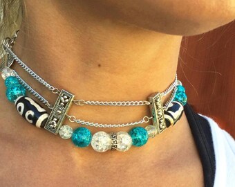 Handmade Tribal Choker, Unique African Choker, Multi-strand Choker, One of a Kind Choker, Blue Beaded Jewelry, Tribal Goddess Choker, Gift