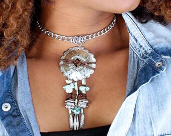 Handmade Unique Cowgirl Necklace, Silver Western Conchos, Boho Turquoise Jewelry, Country Choker, Silver Native American Statement Necklace