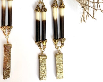 Porcupine Quill Earrings, Metallic Quartz Earrings, Tribal, African, Sexy, Goddess, Festival, Unique, Boho, Healing Necklace, Quills, Gold