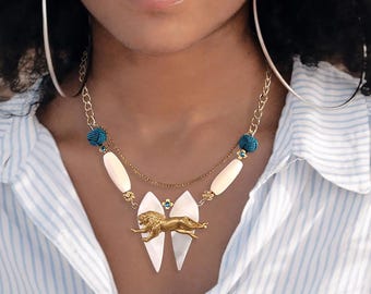 Unique Handmade Necklace, Brass Lion Pendant Stamping, Tribal Statement Jewelry, One of a Kind Shell Necklace, Bone Bead Necklace, Gold Lion