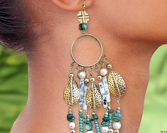 Large Tribal Statement Earrings, Big Beaded Earrings, Unique Multi Stand Earrings, Jungle Goddess Earrings, Green & Gold Earrings, Sexy