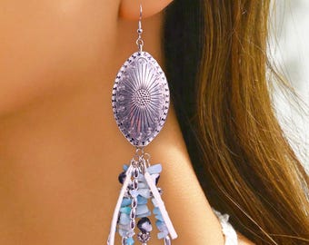 Silver Metal Concho Earrings, Western Dangle Earrings, Pretty Cowgirl Tassel Earrings, Cowboy Rhinestone Earrings, Leather Country Earrings