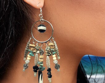 Handmade Exotic Earrings, Big Agate Stone Earrings, Multi Strand Earrings, Native American Beaded Earrings, Bold Statement Earrings