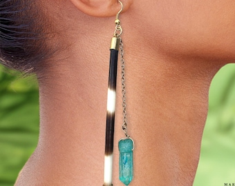 Handmade Long porcupine Quill Earrings, Stunning Jade Crystal Statement Earrings, One of a Kind Native Earrings, African Tribal Earring