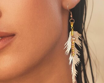 Unique Dangle Leaf Earrings, Rose gold Feather Earrings, Fall Earthy Earrings, Boho Feather Tassel Earrings, Sparkle Feather Leaf Earrings