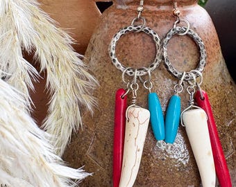 Handmade Warrior Earrings, Native American Earrings, Western Earrings, Unique Tribal Earrings, Red White & Blue Earrings, Bone Bead Earrings