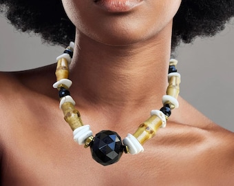 Black & White Necklace, Black Onyx Jewelry, Big Onyx Ball bead, Unique Tribal Jewelry, Big Statement Necklace, One of a Kind Jewelry, Gift