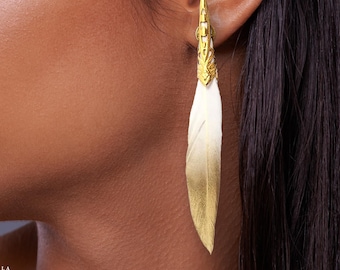 ONE OF A KIND Handmade Feather Earrings, Hand Painted Feather Stud Earrings, Unique Native Gold Feather Earrings, Boho Cowgirl Earrings