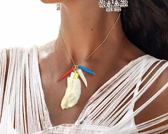 Handmade Rabbits Foot Pendant, Unique Boho Necklace, Lucky Rabbits Foot Necklace, Rear View Mirror Charm, Tribal Tooth Necklace, Unique Gift