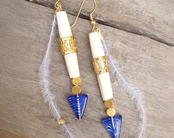 Most Unique Handmade Feather Earrings, Bone and Feather Statement Earrings, Sexy Gold & Blue Earrings, Native Chic Dangle Earrings, Cowgirl