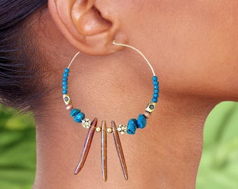 Handmade Green Beaded Hoop Earrings, Sexy Tropical Statement Earrings, Unique Wood and Coral Boho Earrings, Beautiful Tribal Stone Earrings