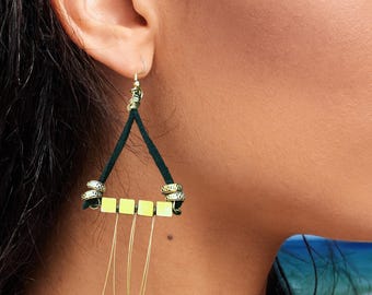 Most Unique Leather Triangle Earrings, Cube Beaded Earrings, Hematite Earrings, Handmade Black & Gold Earrings, Metal Tassel Dangle Earrings