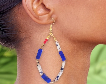 Greek Beaded Earrings, Red White & Blue Earrings, Ethnic Statement Earrings, Unique Greece Earrings, Mediterranean Earrings, Block Beads