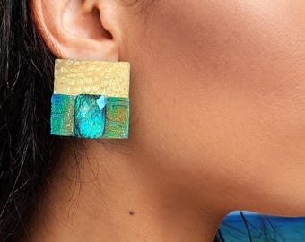Handmade Fabric & Brass Earrings, Tropical Goddess Earrings, Green Metallic Earrings, Alligator Scale Earrings, Green Foil Earrings, Sexy