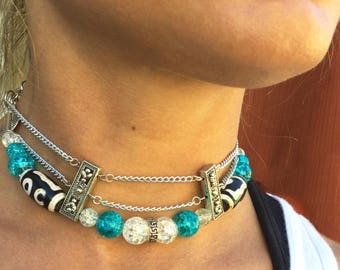 Handmade Tribal Choker, Unique African Choker, Multi-strand Choker, One of a Kind Choker, Blue Beaded Jewelry, Tribal Goddess Choker, Gift