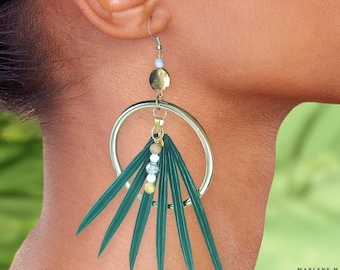 Handmade Tropical LEAF Hoop Earrings, Artificial Palm Leaf Dangle Earrings, Leaf Statement Earrings, Original Design Leaf Earrings, SEXY