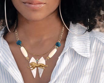 Unique Handmade Necklace, Brass Lion Pendant Stamping, Tribal Statement Jewelry, One of a Kind Shell Necklace, Bone Bead Necklace, Gold Lion