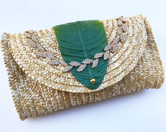 Featured listing image: Handmade Tropical Clutch, Banana Palm Leaf Bag, Straw Purse, Boho Beach Tote, Rhinestone Trim, African bagl, Nature, Flower Bag, Wedding