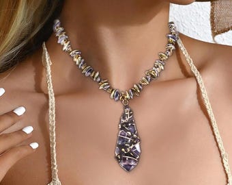 Healing Stone Necklace, Wire Wrapped Crystal Pendant, Leather Wrapped Pendant, Hematite Beaded Necklace, Natural Grounding Pendant, Gift