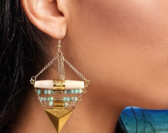 Handmade Triangle & Turquoise Stone Earrings, Sexy Tribal Earrings, Chic Boho Earrings, Brass Triangle Earrings, Unique Arrow Earrings