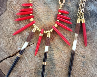 Porcupine Quill necklace, Unique Tribal Necklace, Viking Warrior Jewelry, Native American Necklace, Red Statement Jewelry, Shaman Necklace