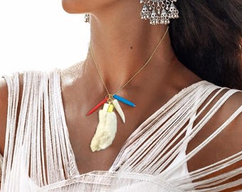 Handmade Rabbits Foot Pendant, Unique Boho Necklace, Lucky Rabbits Foot Necklace, Rear View Mirror Charm, Tribal Tooth Necklace, Unique Gift