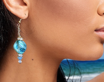 PRETTY Handmade Shell Earrings, Swarovski Dangle Earrings, Turquoise Statement Earrings, Mermaid Earrings, Unique Shell Earrings