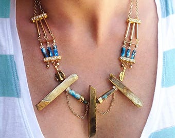 Unique Multi-Strand Necklace, Gold Pyrite Sticks, Hematite Jewelry, Beautiful Tribal Necklace, Bone Bead Jewelry, One of a Kind Necklace