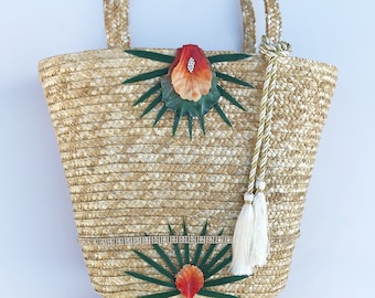 Handmade Floral Bag, Beach Bag, Straw Tote, Flower Petals, Palm Leaf, Tropical Design, Rhinestone Trim, Tassel Purse, ONE of a kind bag