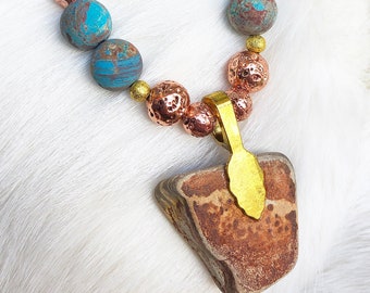 Earthy Goddess Handmade Unique Beaded Necklace with Rock pendant druzy quartz Boho Hippie Festival Energy Yoga Earth Dust Necklace