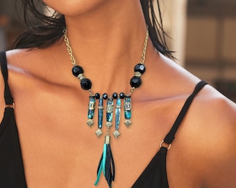 Stunning Handmade Necklace, Unique Asian Jewelry, Dyed Bone Bead Necklace, Onyx Beaded Necklace, Leather Tassel Pendant, Tribal Necklace